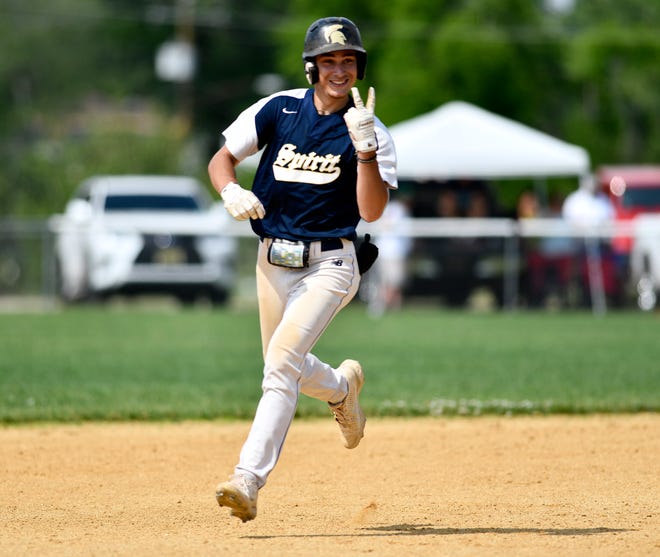 Holy Spirit's Trevor Cohen (7) hits his second home run during Wednesday's playoff game against St. Joseph Academy. The Spartans defeated St. Joseph 8-5 in Hammonton. June 1, 2022.