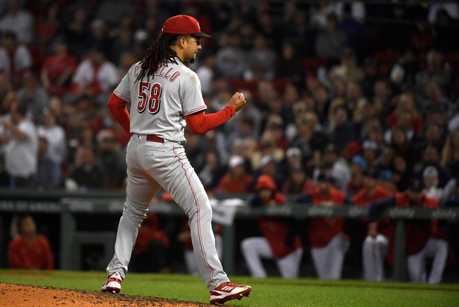 May 31, 2022;  Boston, Massachusetts, USA;  Cincinnati Reds main player Luis Castillo (58) reacts after throwing the ball during the seventh inning against the Boston Red Sox at Fenway Park.  Mandatory credit: Bob DeChiara-USA TODAY Sports