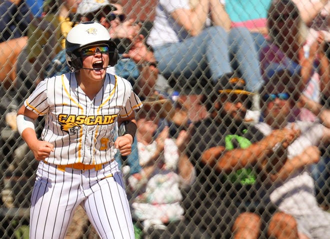 Cascade's Abby Jeppsen (9) reacts to a run against La Grande during the 4A semifinal playoff game at Cascade High School in Turner, Ore. on Tuesday, May 31, 2022.
