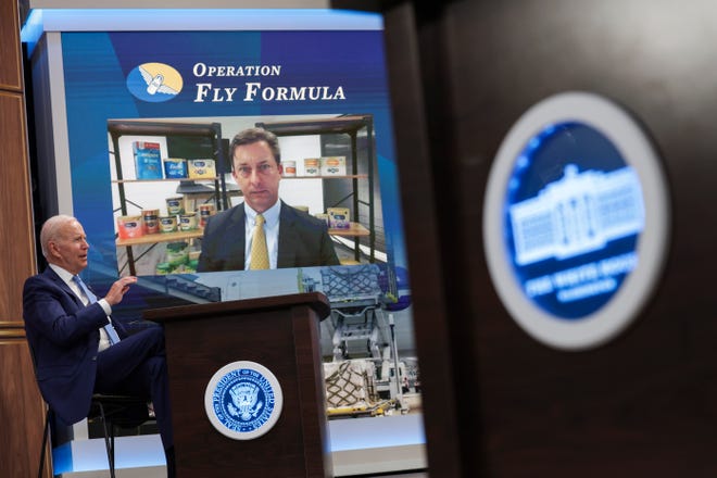 President Joe Biden speaks with Robert Cleveland, senior vice president of Reckitt, during a virtual meeting with baby formula manufacturers at the Eisenhower Executive Office Building on June 1 in Washington.