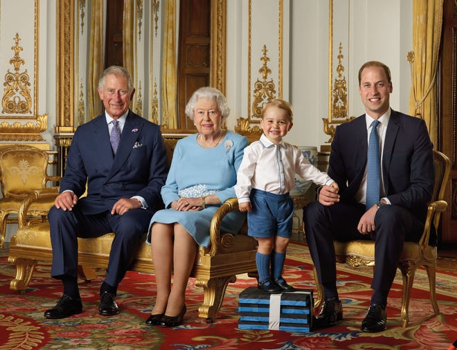 Prince Charles, Queen Elizabeth II, Prince George and Prince William pose for the Royal Mail in 2015 in the White Drawing Room at Buckingham Palace, released on April 20, 2016, to celebrate Queen Elizabeth's 90th birthday.