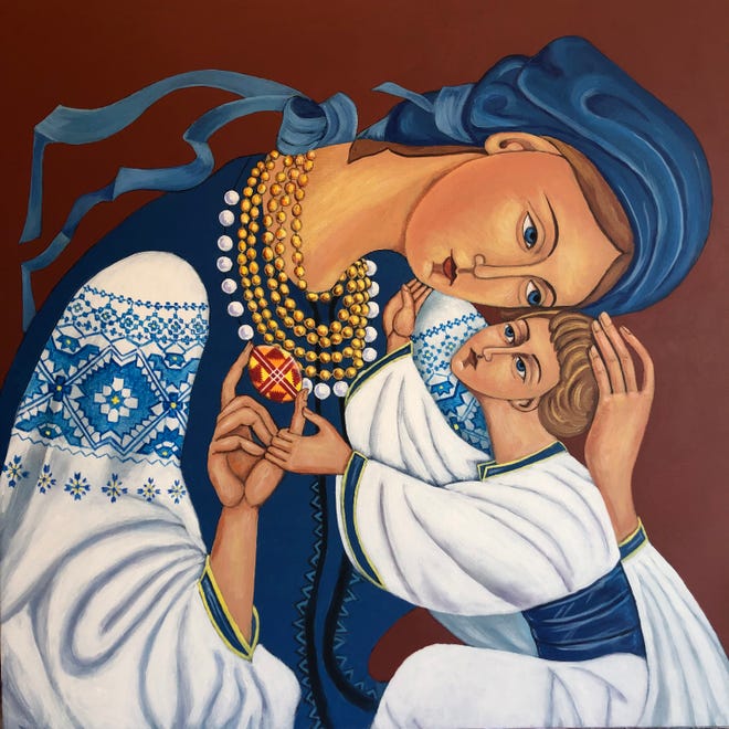 Detroit artist Tom Salas painted “Ukrainian Madonna” as a statement of protest and compassion to the ongoing Russian invasion of Ukraine. It is accompanied by a poem of the same name, written by Detroit musician David Reske. An icon is a religious work of art in certain Eastern cultures; icons have been called windows to heaven or doorways to the sacred. Salas and Reske are icons in their own right in the Detroit art scene.