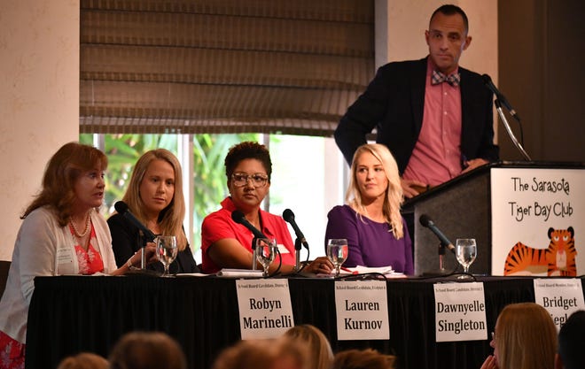 From left, Sarasota County School Board candidates for District 4, Robyn Marinelli and Lauren Kurnov; and District 1 candidates Dawnyelle Singleton and current board member Bridget Ziegler, were panelists Thursday at the Tiger Bay Club luncheon, moderated by Kevin Cooper, at Michael's on East. 