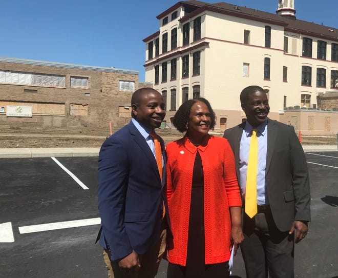 Mayor Cavalier Johnson, HUD Midwest Regional Administrator Diane Shelley and County Executive David Crowley at the site of the former Phillis Wheatley School site at 2442 N. 20th St during an announcement of the U.S. Department of Housing and Urban Development's “Our Way Home” initiative.