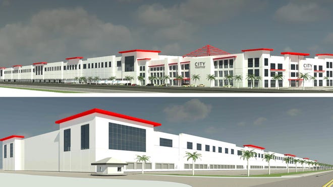 Renderings of CITY Furniture, as seen from I-4 in Plant City. The 1.2 million-square-foot combined showroom and distribution center is set to open in July.