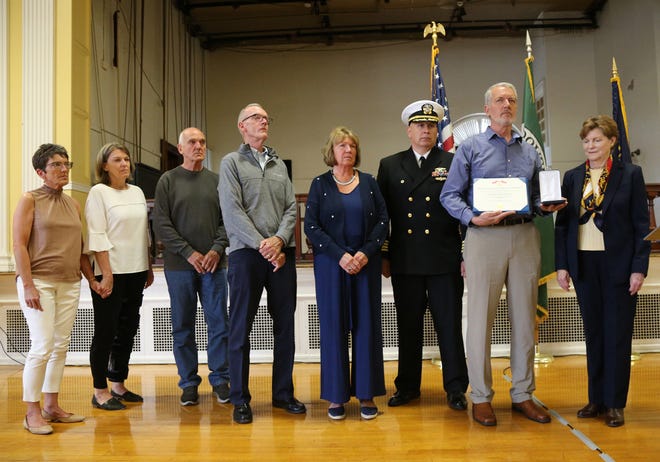 A posthumous Bronze Star Ceremony for George “Doc” Riordan at Dover City Hall Friday June 3, 2022. Family accepted the honor from the Navy and Sen. Jeanne Shaheen, D-New Hampshire.