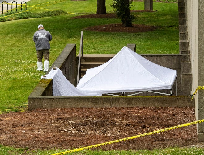 A Worcester police crime scene investigator works near an exterior stairwell Friday outside the Worcester Art Museum.