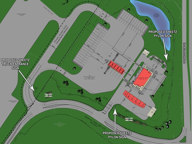 The layout for the proposed Sheetz store on Spielman Road.