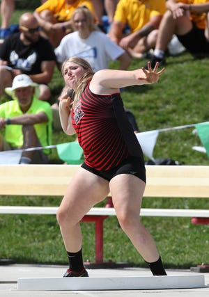 Crooksville's Grace Frame throws the shot during the Division III State Track Meet in Columbus on Friday.
