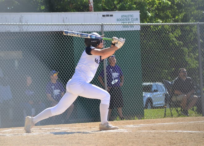 Gull Lake's Mandy Esman takes a swing during this Division 2 softball district contest at Pennfield on Saturday.
