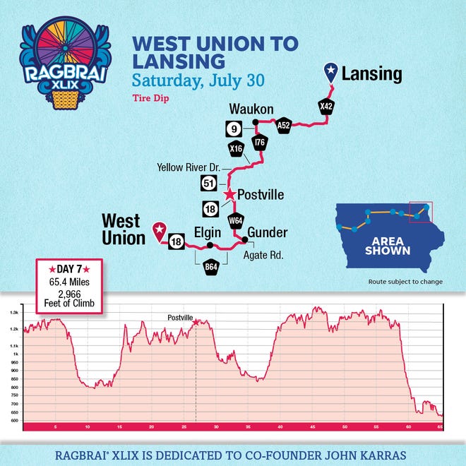 Day 7 of RAGBRAI XLIX will travel from West Union to Lansing.