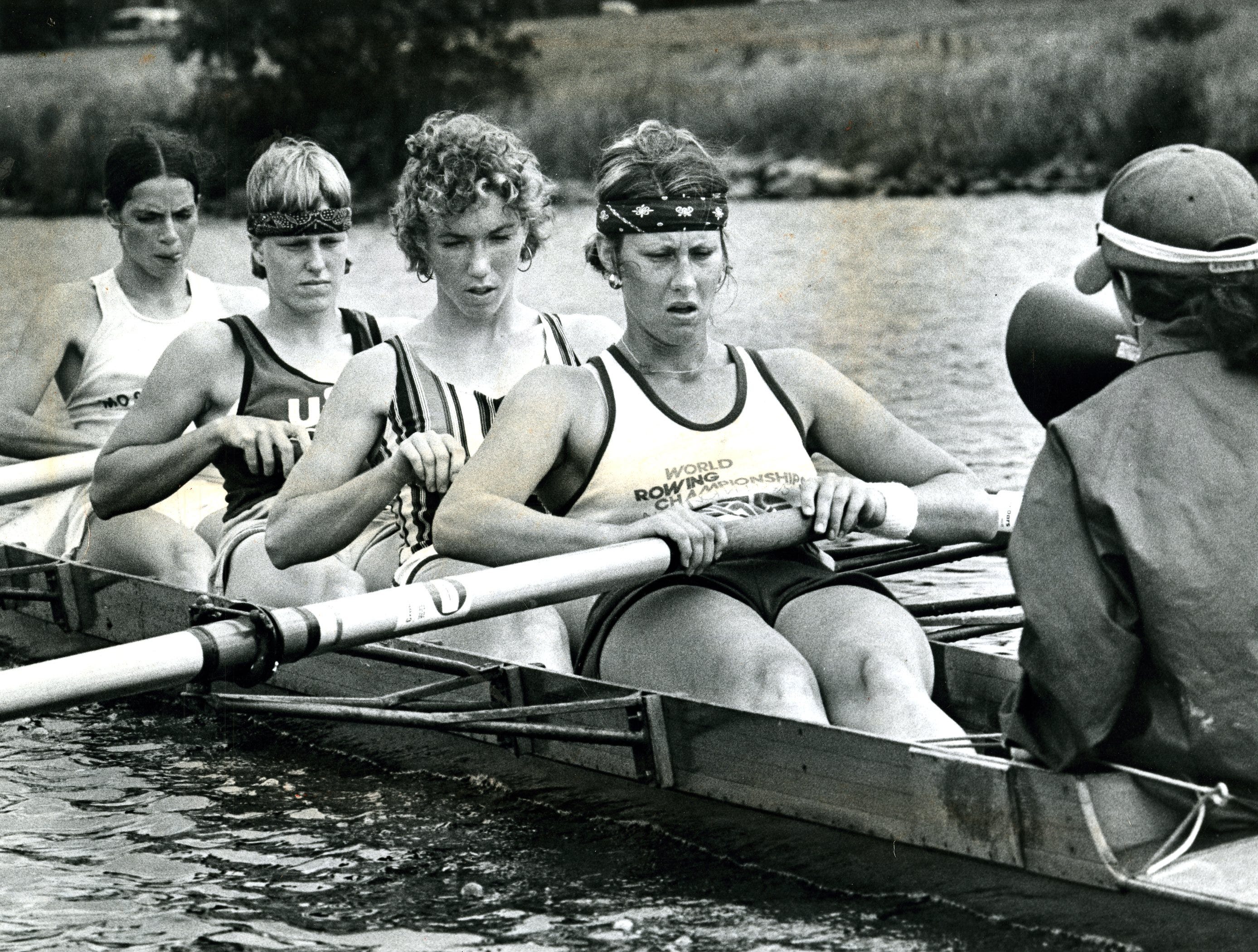 The 1976 Yale University rowing team, right to left (stern to bow), Gloria Graz, Jackie Zoch, Nancy Storrs, Chris Ernst and Carol Brown.