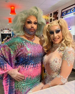 Drag queens Peach Fuzz, left, and Anhedonia Delight are the hosts of drag bingo at That Pop Up Bar at Twisted Citrus restaurant in North Canton. The duo also hosts drag events in the Cleveland area at wineries, breweries and art galleries under the name