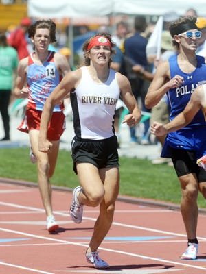 River View's Sam Adams races down the backstretch en route to an eighth place finish of 16 runners during the 800 on Saturday at the Division II state track and field meet at Jesse Owens Memorial Stadium in Columbus.