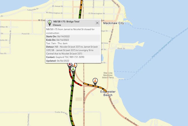 I-75 will be closed to traffic June 14-16 while crews work to demolish a bridge overpass on U.S. 23, with traffic being rerouted through a portion of Mackinaw City.