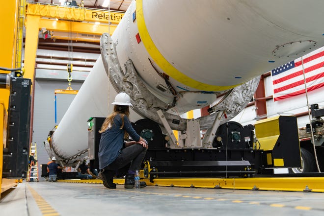 Relativity Space's Terran 1 first stage is seen in the company's hangar at Cape Canaveral Space Force Station after arriving at Launch Complex 16 on Sunday, June 5, 2022. The company is still targeting before the end of 2022 for its first launch.