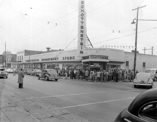In this picture from 1954, crowds can be seen lining up outside the doors of the original Schottenstein department store, which operated on Parsons Avenue until its closure in 2005.