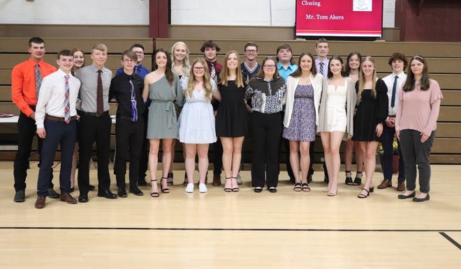 Cambridge High School seniors received scholarships and awards on Wednesday, May 4, in the gymnasium. In front from left are Carson Nodine, Christian Buss, Lukas Maness, Mollie Bennett, Hailey Casteel, Grace Hanson, MacKenzie Olson, Madison Casteel, Kassidy Cooper, Courtney Swemline and Justine Boelens and in back, Rodney Beam, Emily Johnson, Cameron Pace, Paige Leander, Lucas Kessinger, Keagan Hixson, Carson Palmer, Matthew VanHyfte, Zoey Larson and Meric Veloz