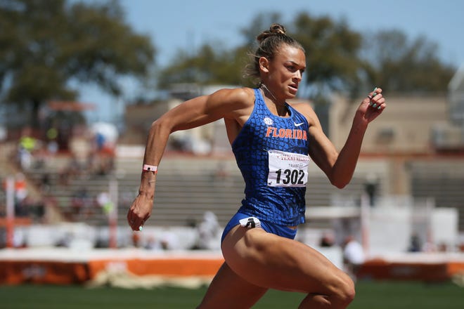 Florida's Anna Hall comes in first in the heptathlon 200 during the first day of the Texas Relays on March 23 in Austin.
