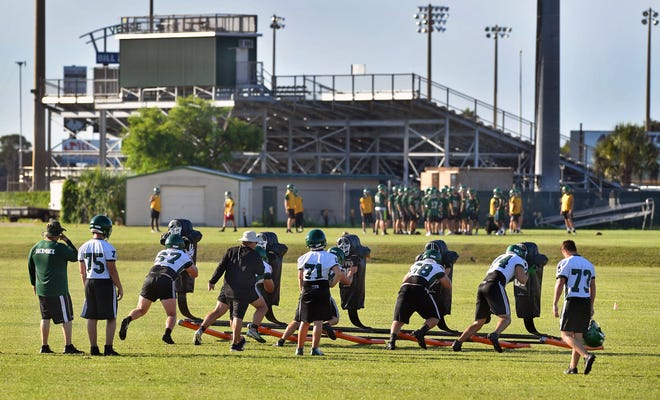 Venice High began the first official day of football practice early Monday morning, July 29, 2019.   [Herald-Tribune staff photo / Mike Lang]