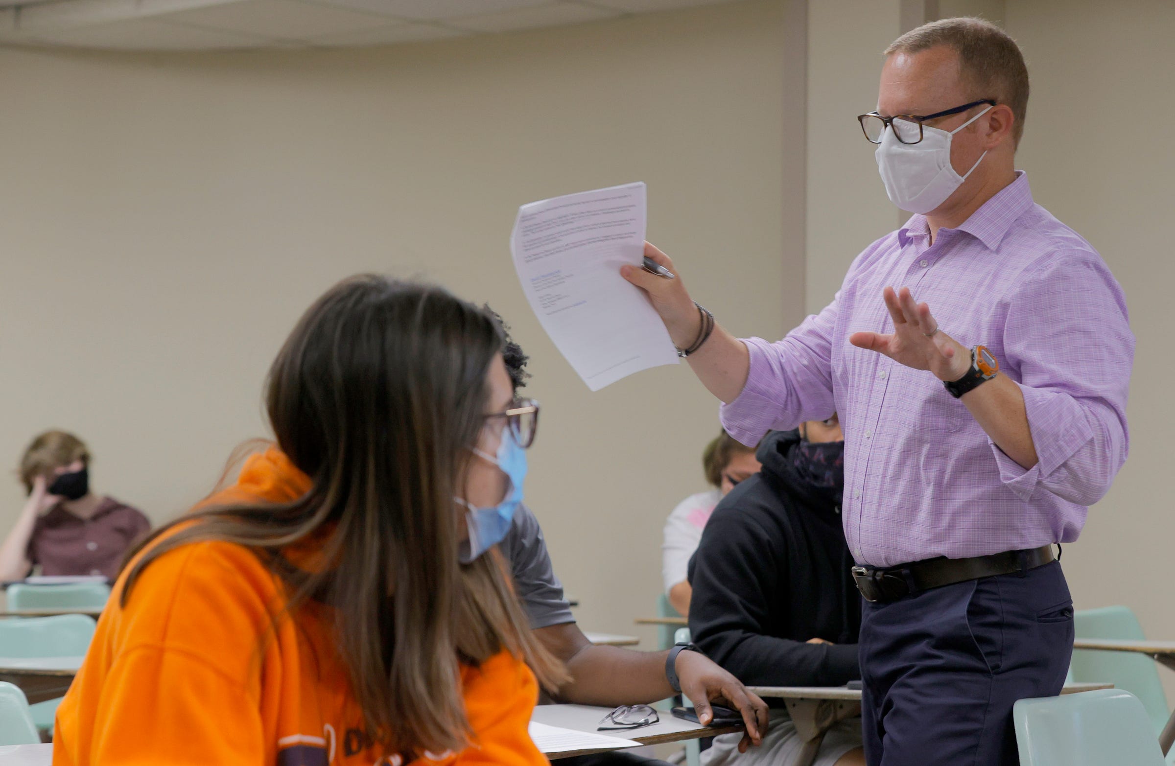 Phil Andre talks with his class called "college and the good life" a four-credit class at Alma College in Alma on Tuesday, Aug. 31, 2021.