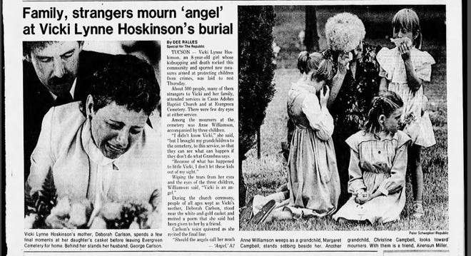 Coverage of Vicki Lynne Hoskinson's burial in The Arizona Republic on May 31, 1985.