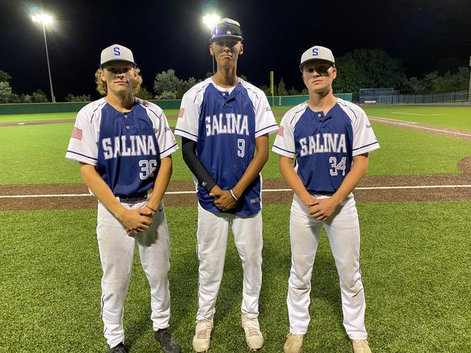 Salina Falcons Nick Clayson (36), Devante Keim-Owens (9) and Colby Rice (34) are all playing one last summer before getting to play in college.