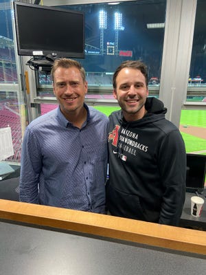 Cincinnati Reds broadcaster Tommy Thrall, left and Arizona Diamondbacks broadcaster Chris Garagiola, both worked together as Blue Wahoos Broadcasters.