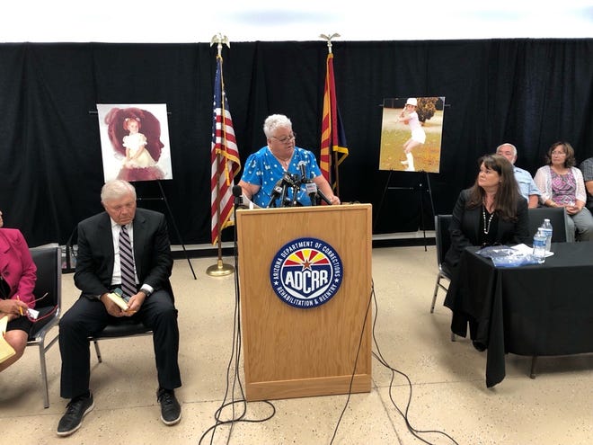 Debbie Carlson, mother of Vicki Lynne Hoskinson, speaks after the execution of Frank Atwood at the Arizona State Prison in Florence on June 8, 2022.