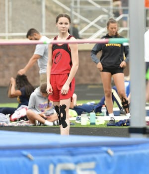 Onaway junior Madilyn Crull prepares to compete in the girls high jump during the MHSAA Division 4 track and field finals held at Baldwin Middle School in Hudsonville on Saturday, June 4. While Crull didn't earn all-state in the high jump this season, she did so in both the 100 and 200-meter events.