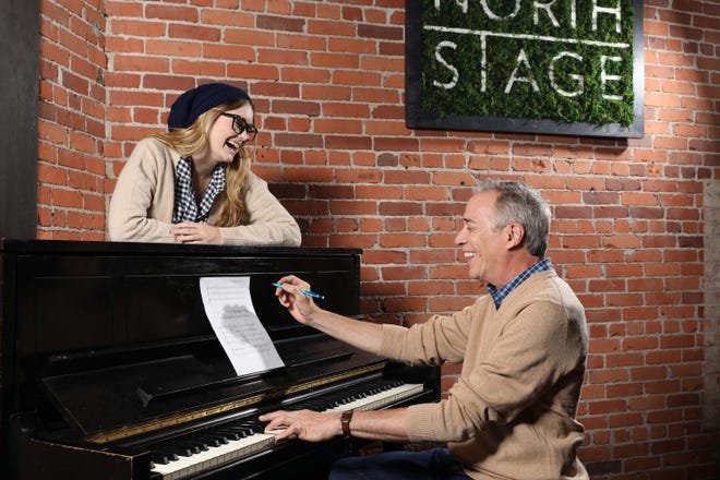 Meg Frost, left and Mark A. Harmon as theater people rehearsing a new musical in the Short North Stage world premiere of the new musical “Surviving the Moonlight.”