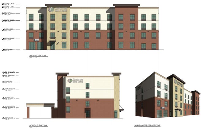A concept drawing shows the look of the planned Cobblestone Hotel and Suites, 108 Church St., Ottumwa. The $10 million, 83-room, four-story hotel is expected to open in 2023.