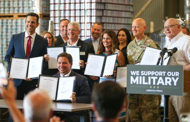 Florida Gov. Ron DeSantis signed six bills during a stop at Props Brewery and Taproom in  Fort Walton Beach on Thursday, June 9, 2022. Most of the bills were to benefit veterans and their families with help for education and jobs.