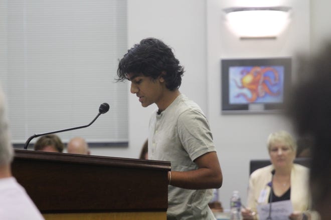 Hoggard High School student Samin Bhan presents to the New Hanover County Board of Education on the district-wide student voice initiative. He and several peers brought a call to action and a proposed policy to the school board in recent weeks.
