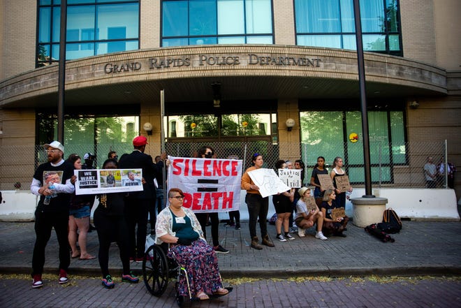 Protestors demonstrate in front of the Grand Rapids Police Department following the announcement of charges against GRPD officer Christopher Shurr on Thursday, June 9, in downtown Grand Rapids. Kent County Prosecutor Chris Becker has charged Shurr with second-degree murder after the killing of Patrick Lyoya on April 4.