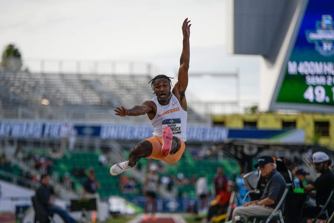 Wayne Pinnock competes in the long jump at the NCAA Division I Outdoor Track and Field Championships at Hayward Field in Eugene, Oregon on June 8, 2021. (Isaac Wasserman/ Eric Evans Photography)