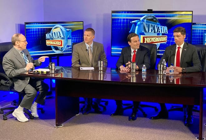 Republican Senate hopefuls Sam Brown, right, and Adam Laxalt, second from right, prepare for a debate taped for broadcast this week on "Nevada Newsmakers" on May 9 at a television studio in Reno.