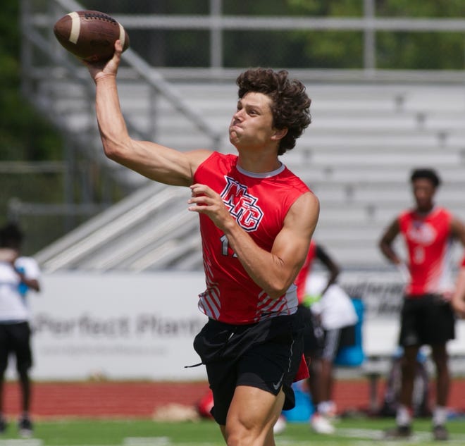 North Florida Christian junior JP Pickles passes the ball during 7-v-7 football on June 8, 2022, at Chiles High School