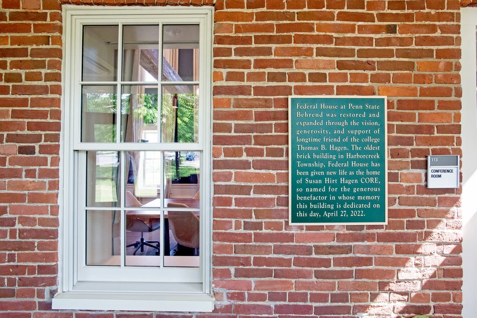Window and wall of the original Federal House on June 6, 2022, at the eastern end of the Penn State Behrend campus in Harborcreek Township. The Federal House is undergoing a multi-million expansion and improvement.