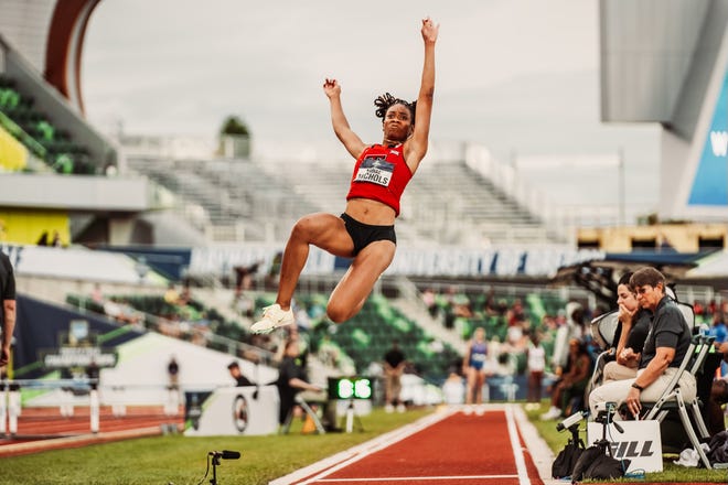 Texas Tech senior Monae' Nichols competes in the long jump during Thursday's competition at the NCAA outdoor track and field championships in Eugene, Oregon. Nichols finished fourth with a mark of 21 feet, 5 1/2 inches.