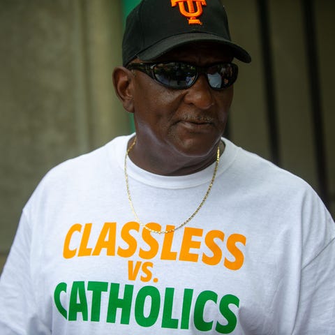 A Tennessee fan sports a "Classless vs. Catholics"