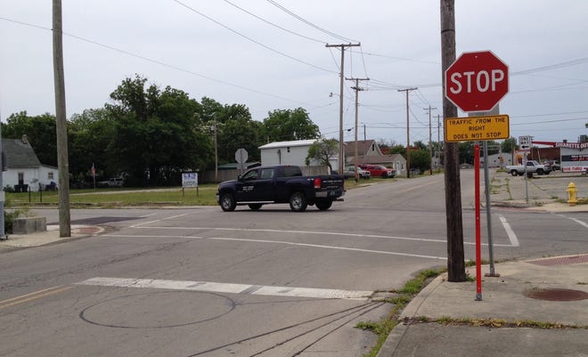 The intersection of Jackson Street and Ohio Avenue in Muncie, where officials say a roundabout is scheduled to replace the current two-way stop eventually.