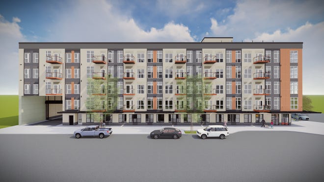 An architectural rendering of the north elevation of the apartment complex to be built on the site of the former Nordstrom building. Deacon Development is overseeing the project. The design team: Studio 3, architect; KPFF, structural engineer; Westech Engineering, civil engineer; NV5, geotech and environmental.