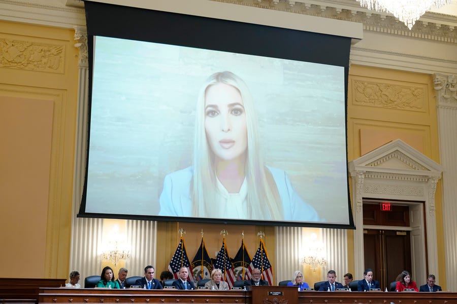 A video showing former White House Advisor Ivanka Trump speaking during an interview with the Jan. 6 Committee is shown at the House select committee investigating the Jan. 6 attack on the U.S. Capitol, hearing Thursday, June 9, 2022, on Capitol Hill in Washington.