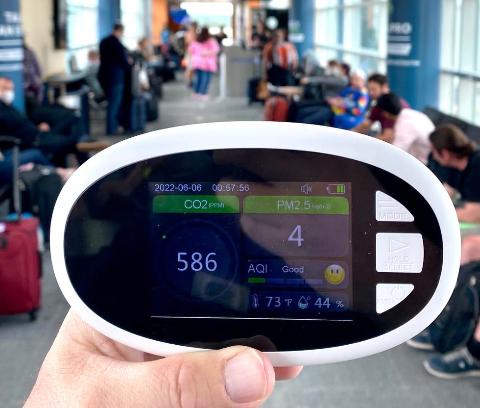 Low levels of CO2 readings are displayed on a carbon dioxide detector while awaiting boarding at Burlington International Airport in Vermont. 