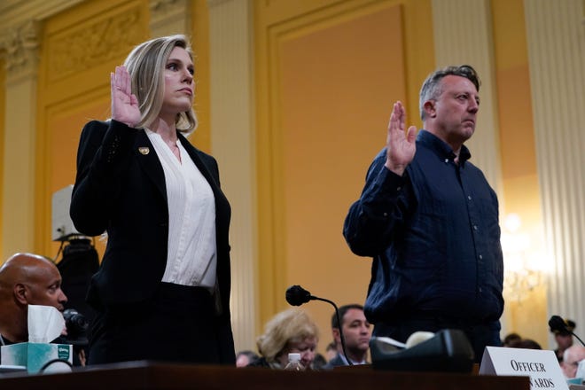 Officer Caroline Edwards and documentary filmmaker Nick Questeds are sworn in before testifying during the opening of the select committee hearing to investigate the January 6 attack on the United States Capitol. 