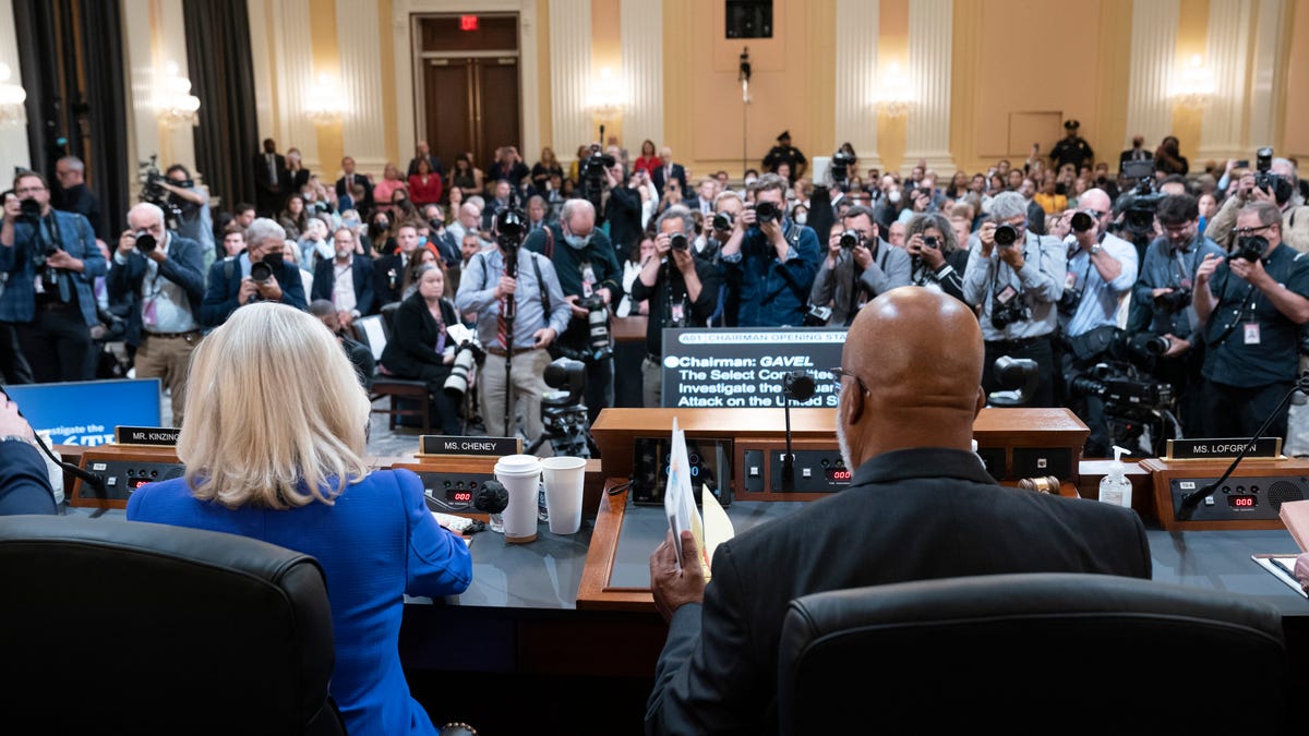 Vice Chair Liz Cheney, R-Wyo., left, and Chairman Bennie Thompson, D-Miss., are seated as the House select committee investigating the Jan. 6 attack on the U.S. Capitol holds its first public hearing to reveal the findings of a year-long investigation, on Capitol Hill in Washington, Thursday, June 9, 2022.