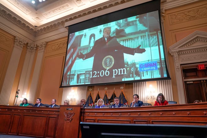 Former President Donald Trump appears in a video during the opening public hearing of the committee to investigate the January 6 attack on the United States Capitol. After a year-long investigation, the committee will hold eight public hearings to reveal their findings.