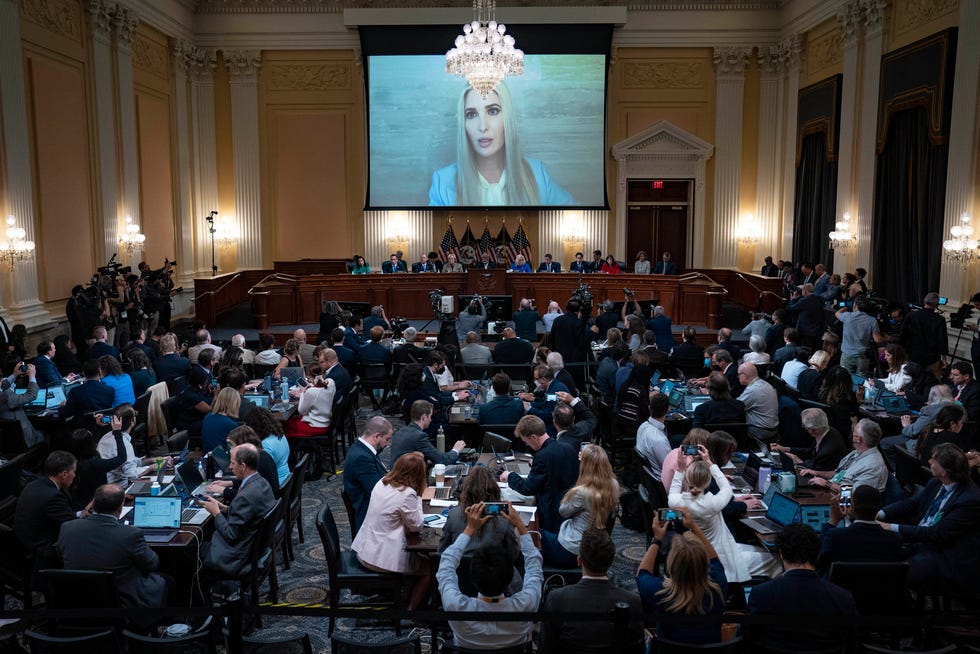 A video of Ivanka Trump speaking is shown on a screen as the House select committee investigating the Jan. 6 attack on the U.S. Capitol holds its first public hearing.