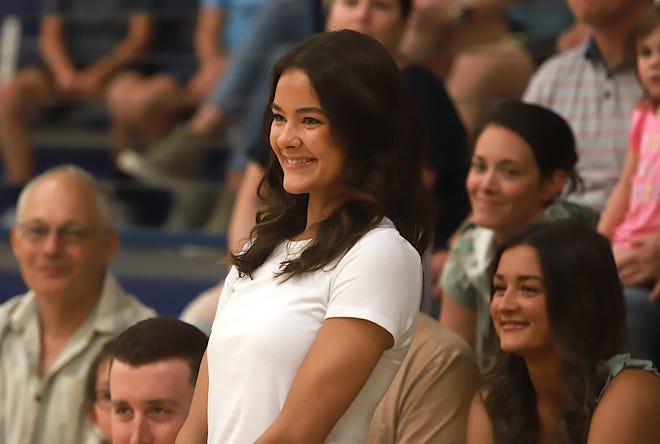 Johanna Myers smiles as she is named into the Burlington Notre Dame Wall of Fame Friday June 10, 2022 at the school in Burlington.